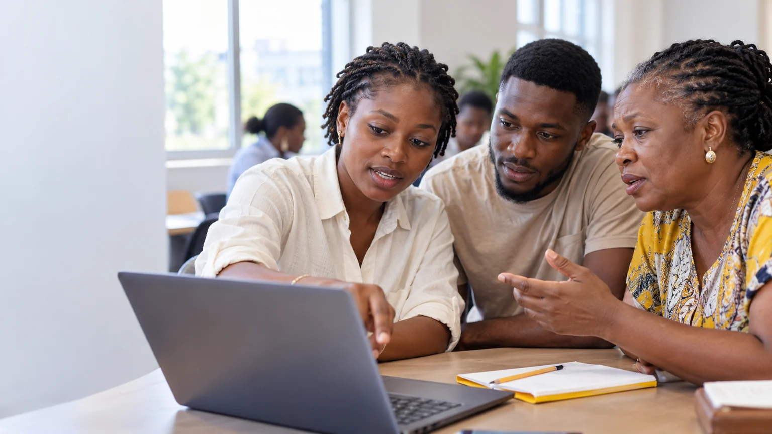 Illustration de trois adultes congolais qui examinent ensemble un exercice sur ordinateur.